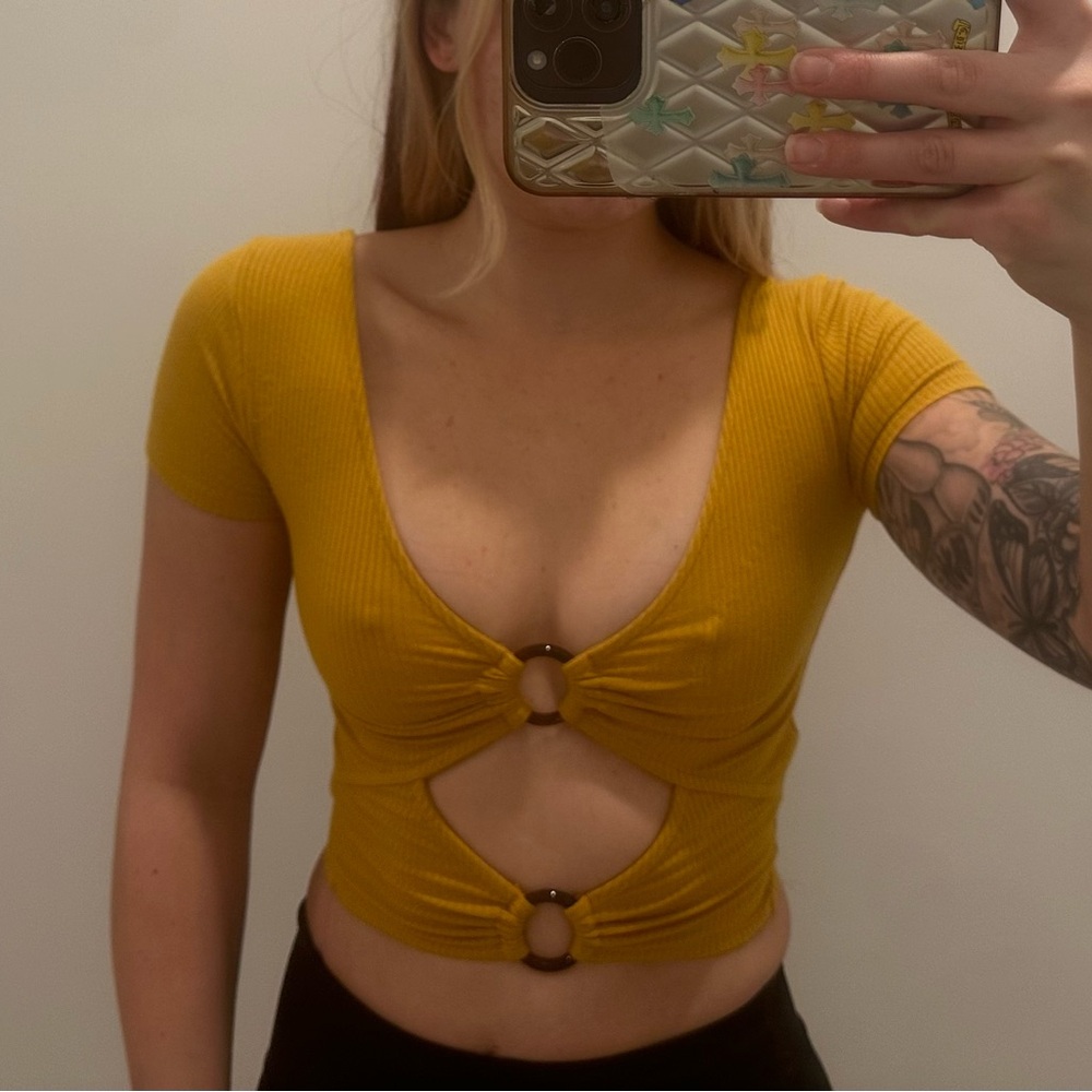 Yellow Ribbed Cut-Out Top